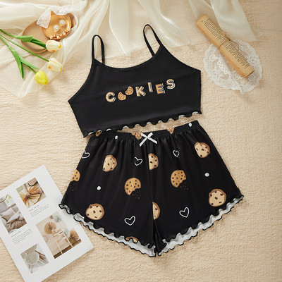 Dámske pyžamové prádlo, 2 kusy, kawaii jahodová potlač, volánikový lem, pyžamová súprava, ženské pyžamo, roztomilý crop top a šortky.
