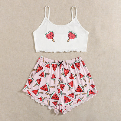 Dámske pyžamové prádlo, 2 kusy, kawaii jahodová potlač, volánikový lem, pyžamová súprava, ženské pyžamo, roztomilý crop top a šortky.
