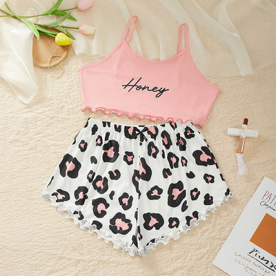Dámske pyžamové prádlo, 2 kusy, kawaii jahodová potlač, volánikový lem, pyžamová súprava, ženské pyžamo, roztomilý crop top a šortky.