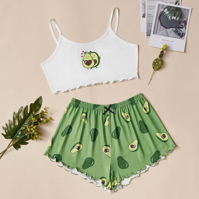 Dámske pyžamové prádlo, 2 kusy, kawaii jahodová potlač, volánikový lem, pyžamová súprava, ženské pyžamo, roztomilý crop top a šortky.