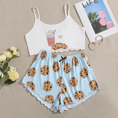 Dámske pyžamové prádlo, 2 kusy, kawaii jahodová potlač, volánikový lem, pyžamová súprava, ženské pyžamo, roztomilý crop top a šortky.