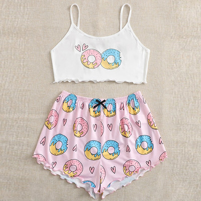 Dámske pyžamové prádlo, 2 kusy, kawaii jahodová potlač, volánikový lem, pyžamová súprava, ženské pyžamo, roztomilý crop top a šortky.