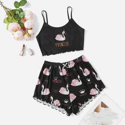 Dámske pyžamové prádlo, 2 kusy, kawaii jahodová potlač, volánikový lem, pyžamová súprava, ženské pyžamo, roztomilý crop top a šortky.