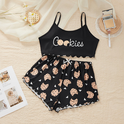 Dámske pyžamové prádlo, 2 kusy, kawaii jahodová potlač, volánikový lem, pyžamová súprava, ženské pyžamo, roztomilý crop top a šortky.