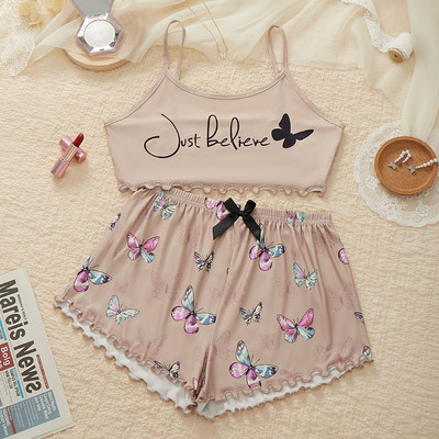 Dámske pyžamové prádlo, 2 kusy, kawaii jahodová potlač, volánikový lem, pyžamová súprava, ženské pyžamo, roztomilý crop top a šortky.