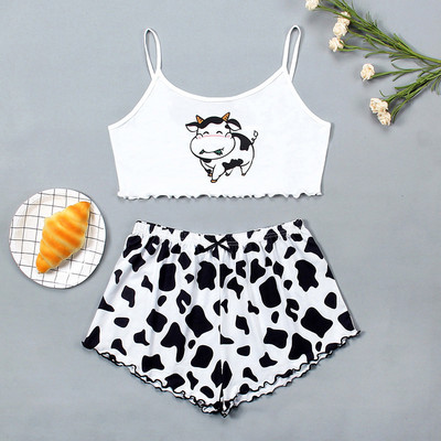 Dámske pyžamové prádlo, 2 kusy, kawaii jahodová potlač, volánikový lem, pyžamová súprava, ženské pyžamo, roztomilý crop top a šortky.