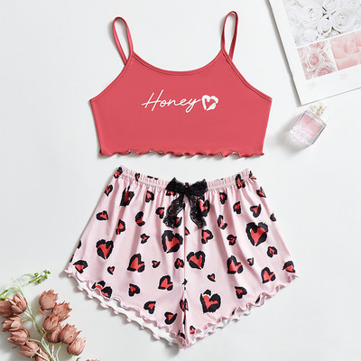 Dámske pyžamové prádlo, 2 kusy, kawaii jahodová potlač, volánikový lem, pyžamová súprava, ženské pyžamo, roztomilý crop top a šortky.
