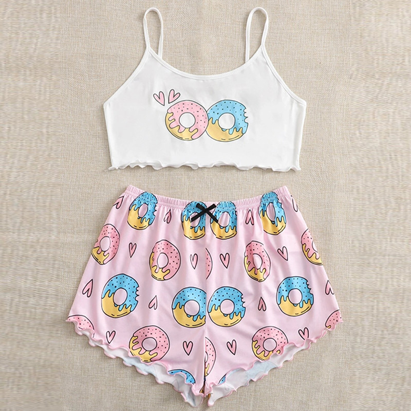 Dámske pyžamové prádlo, 2 kusy, kawaii jahodová potlač, volánikový lem, pyžamová súprava, ženské pyžamo, roztomilý crop top a šortky.