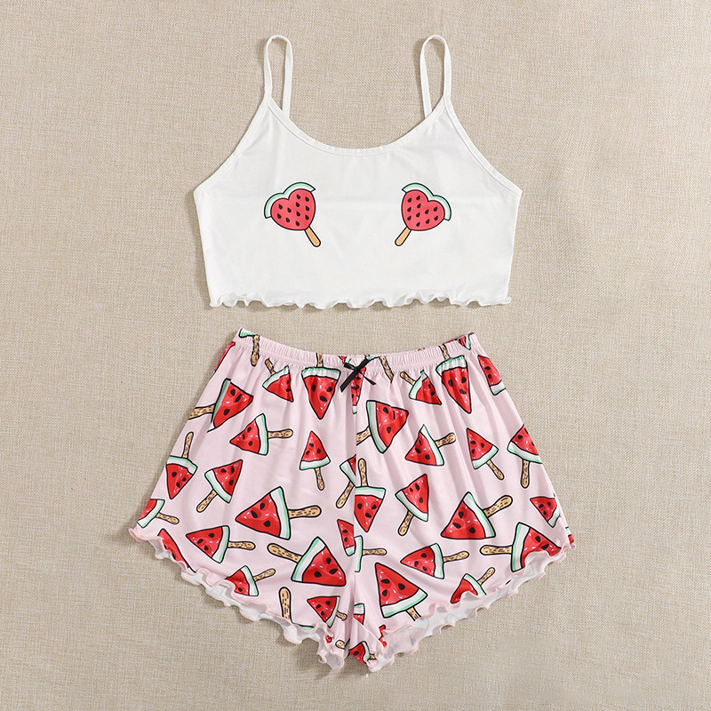 Dámske pyžamové prádlo, 2 kusy, kawaii jahodová potlač, volánikový lem, pyžamová súprava, ženské pyžamo, roztomilý crop top a šortky.