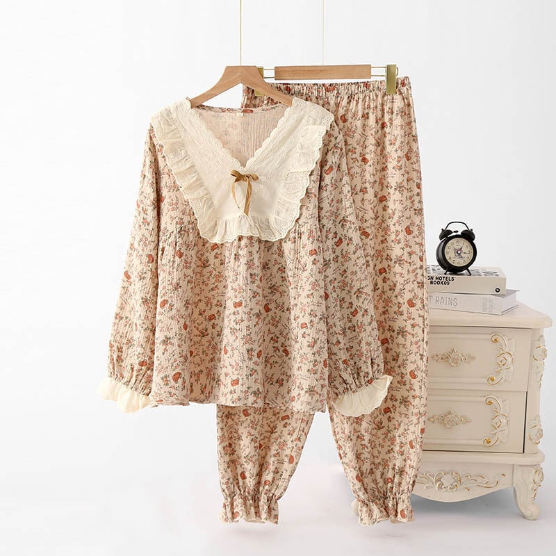 Prantsuse vintage roosi pidžaamad naiste puuvillased koduriided lahtised pikad varrukad Pijama Sexy Mujer V-kaelusega Conjuntos Feminino Elegant