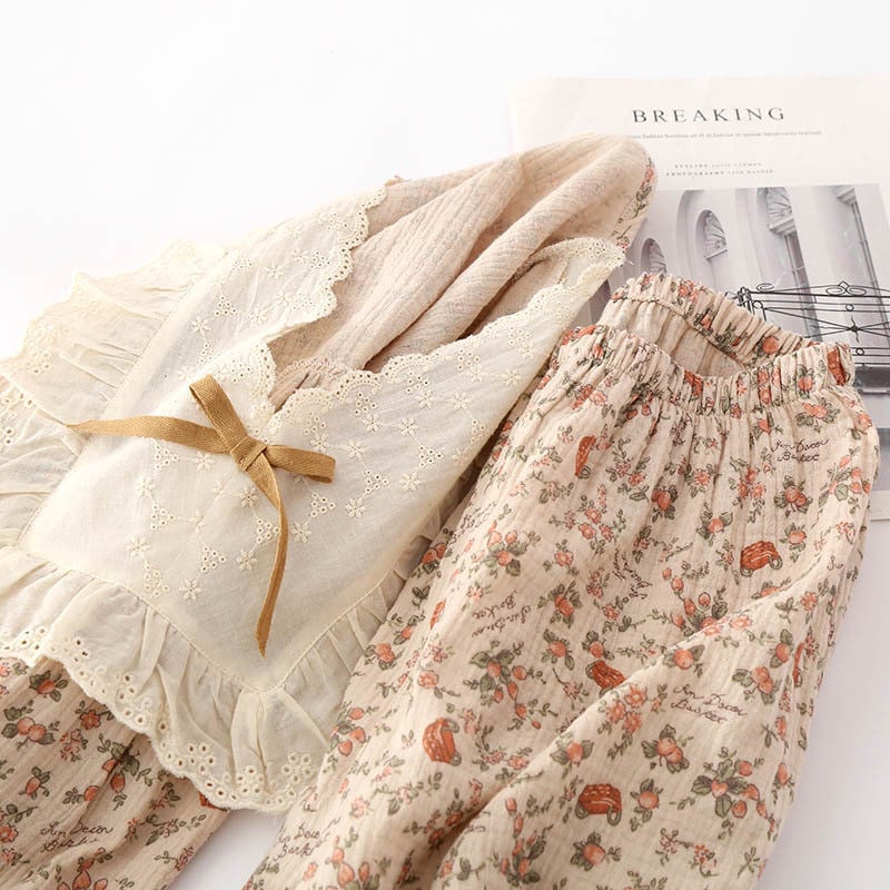 Prantsuse vintage roosi pidžaamad naiste puuvillased koduriided lahtised pikad varrukad Pijama Sexy Mujer V-kaelusega Conjuntos Feminino Elegant