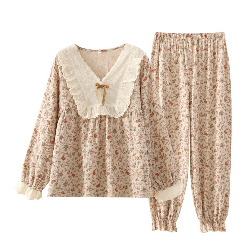 Prantsuse vintage roosi pidžaamad naiste puuvillased koduriided lahtised pikad varrukad Pijama Sexy Mujer V-kaelusega Conjuntos Feminino Elegant