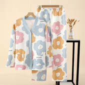 Φθινοπωρινό χειμερινό V-λαιμόκοψη με παχύρρευστη λαιμόκοψη σε χρώμα καραμέλα Γυναικεία Σετ Πυτζάμες Δύο τεμαχίων Βουρτσισμένο Βαμβακερό Μακρυμάνικο Παντελόνι Ολόσωμο Ελαστικό