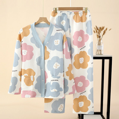 Φθινοπωρινό χειμερινό V-λαιμόκοψη με παχύρρευστη λαιμόκοψη σε χρώμα καραμέλα Γυναικεία Σετ Πυτζάμες Δύο τεμαχίων Βουρτσισμένο Βαμβακερό Μακρυμάνικο Παντελόνι Ολόσωμο Ελαστικό