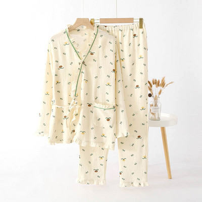 Lenjerie de dormit din bumbac stil kimono japonez femei toamnă drăguță pijama pijama cu mânecă lungă set feminin costum cardigan neglij