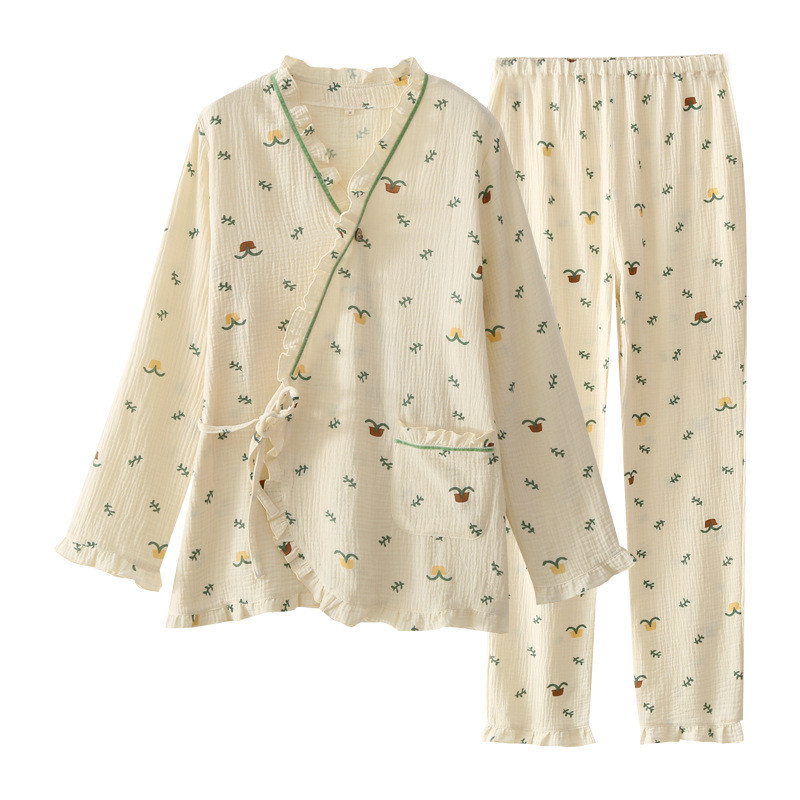 Lenjerie de dormit din bumbac stil kimono japonez femei toamnă drăguță pijama pijama cu mânecă lungă set feminin costum cardigan neglij