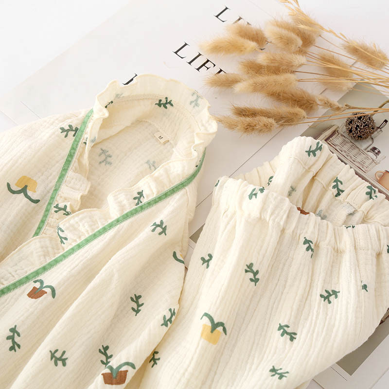 Lenjerie de dormit din bumbac stil kimono japonez femei toamnă drăguță pijama pijama cu mânecă lungă set feminin costum cardigan neglij