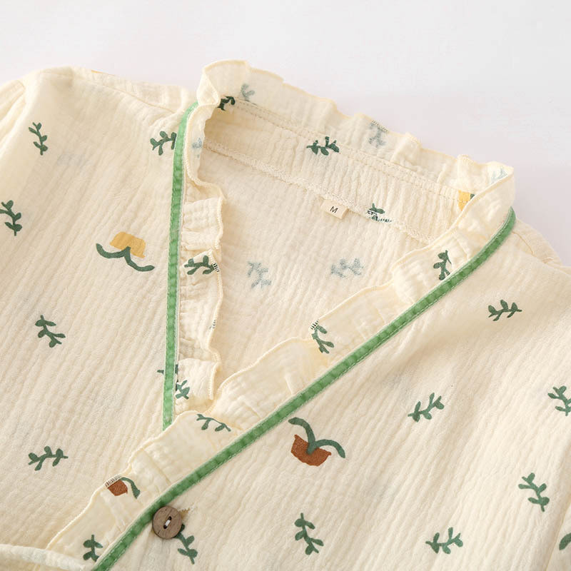 Lenjerie de dormit din bumbac stil kimono japonez femei toamnă drăguță pijama pijama cu mânecă lungă set feminin costum cardigan neglij