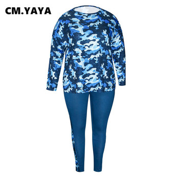 CM.YAYA Fashion Camouflage Plus Size Γυναικείο Σετ Μακρυμάνικο T-shirt και κολάν παντελόνι 2023 Δύο σετ 2 τεμαχίων αθλητική φόρμα