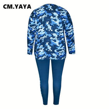 CM.YAYA Fashion Camouflage Plus Size Γυναικείο Σετ Μακρυμάνικο T-shirt και κολάν παντελόνι 2023 Δύο σετ 2 τεμαχίων αθλητική φόρμα