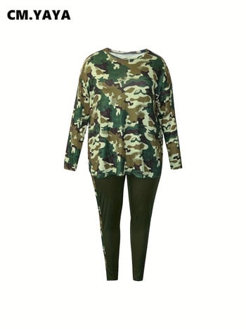 CM.YAYA Fashion Camouflage Plus Size Γυναικείο Σετ Μακρυμάνικο T-shirt και κολάν παντελόνι 2023 Δύο σετ 2 τεμαχίων αθλητική φόρμα