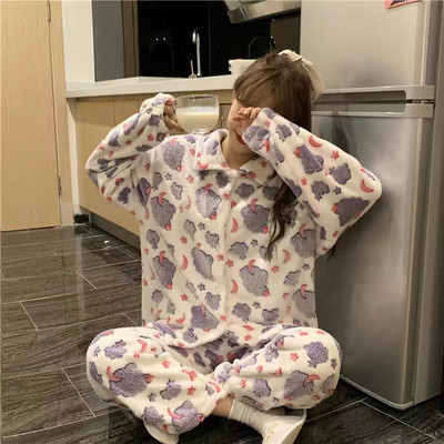 2023 New Warm Coral Fleece Φθινοπωρινές χειμερινές γυναικείες πιτζάμες γυναικείες φανελένιες μακρυμάνικο πέτο οικιακό σέρβις Sleepwear κοστούμι