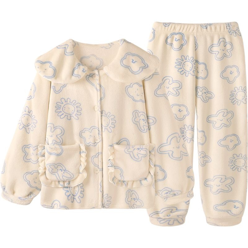 2023 New Warm Coral Fleece Φθινοπωρινές χειμερινές γυναικείες πιτζάμες γυναικείες φανελένιες μακρυμάνικο πέτο οικιακό σέρβις Sleepwear κοστούμι