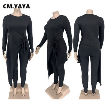 CM.YAYA Plus Size Two Σετ 2 τεμαχίων για γυναικεία ρούχα Μακρύ μανίκι μάξι μπλουζάκι με σπαστό πλάι και παντελόνι κολάν Streetwear αθλητική φόρμα