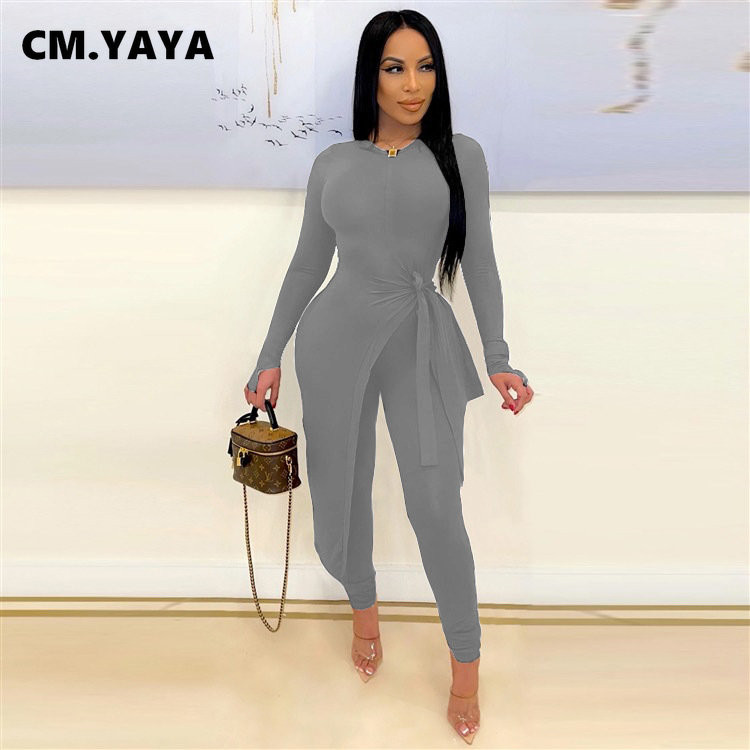 CM.YAYA Plus Size Two Σετ 2 τεμαχίων για γυναικεία ρούχα Μακρύ μανίκι μάξι μπλουζάκι με σπαστό πλάι και παντελόνι κολάν Streetwear αθλητική φόρμα