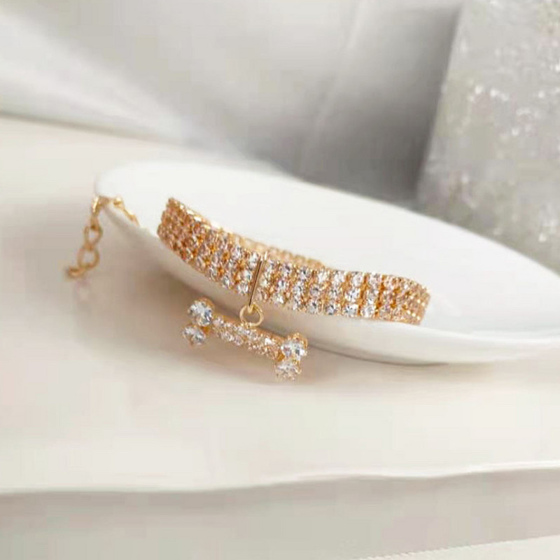 Colier pentru animale de companie cu pandantiv din os de zirconiu, pisică, câine, guler reglabil, bijuterii, de lux, din metal, cupru, pentru cățeluși, articole pentru câini