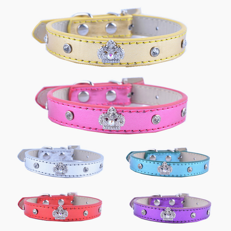 Rhinestone Puppy Dog Collar Pu Δερμάτινο κολάρο για σκύλους Rhinestones Crown Charm Κολιέ για κατοικίδια Προμήθειες για σκύλους