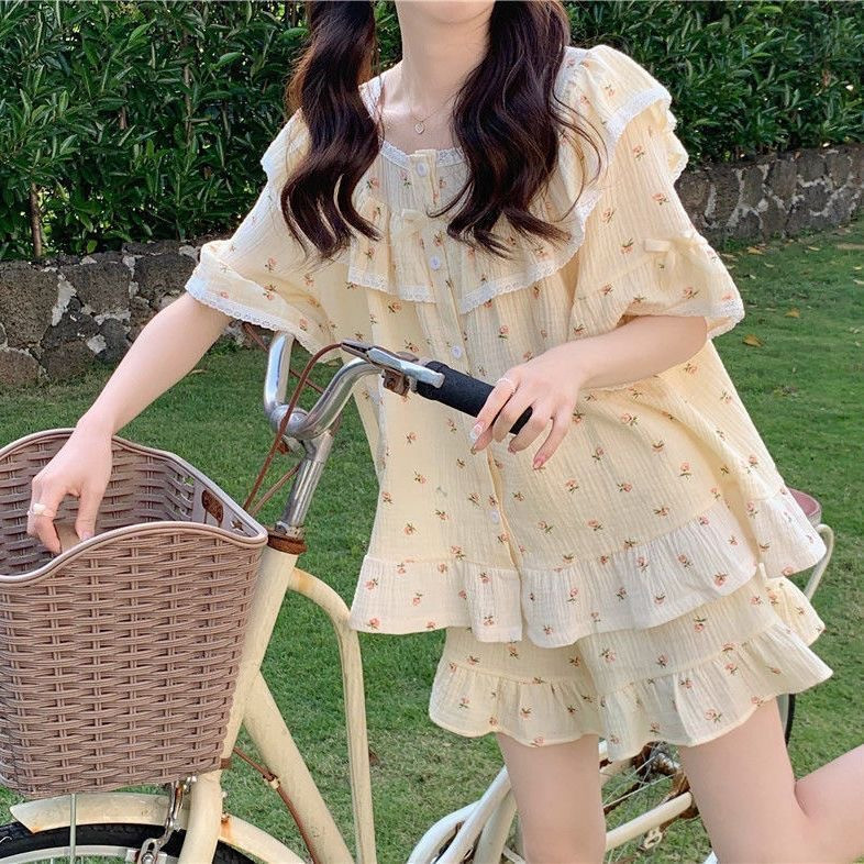 100% pamut krepp női pizsama 2023 nyári pizsama 2 részes egyszerű virágmintás pizsama házi ruha öltöny hálóruha hálókabát