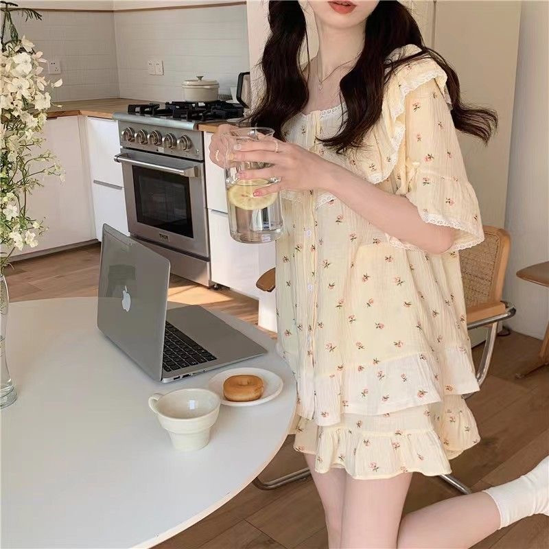 100% pamut krepp női pizsama 2023 nyári pizsama 2 részes egyszerű virágmintás pizsama házi ruha öltöny hálóruha hálókabát