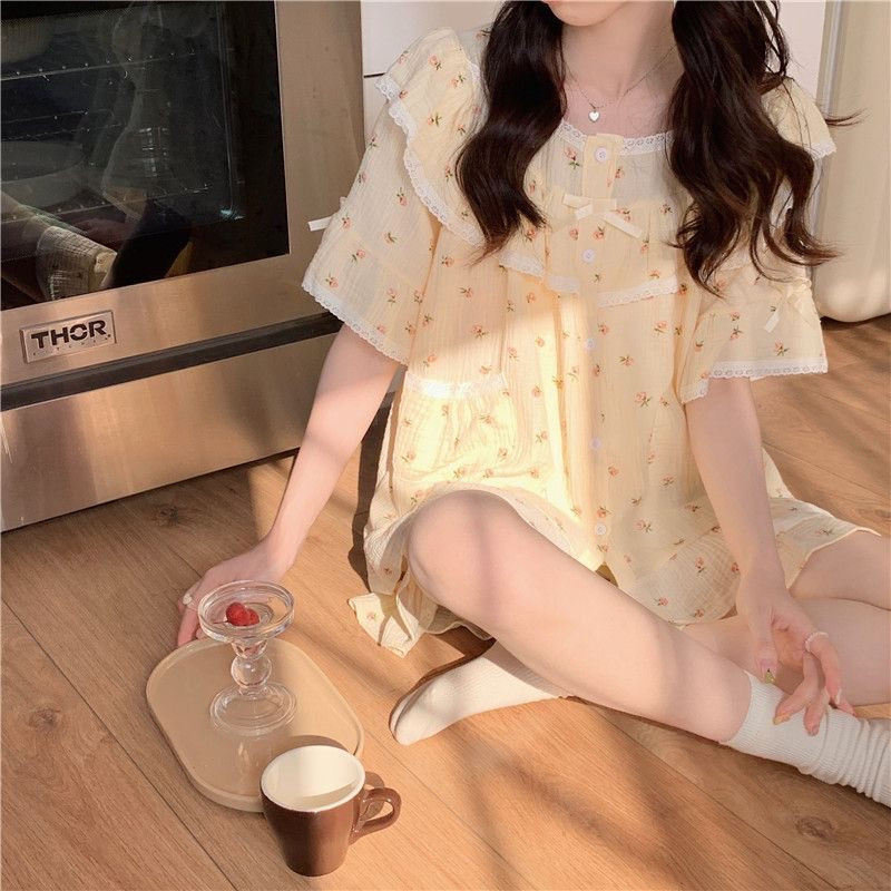 100% pamut krepp női pizsama 2023 nyári pizsama 2 részes egyszerű virágmintás pizsama házi ruha öltöny hálóruha hálókabát