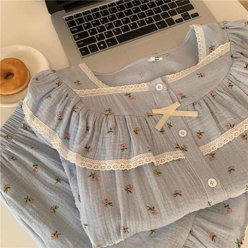 100% pamut krepp női pizsama 2023 nyári pizsama 2 részes egyszerű virágmintás pizsama házi ruha öltöny hálóruha hálókabát