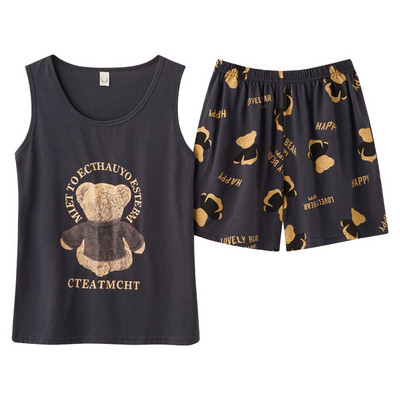 Moteriškas pižamos rinkinys Vasarinis seksualus miegui skirtas apatinis trikotažas be rankovių Medvilninis O-neck grynos spalvos liemenė + spausdinti šortai 2 dalių rinkiniai 4XL пижама