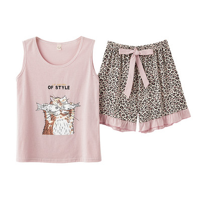 Moteriškas pižamos rinkinys Vasarinis seksualus miegui skirtas apatinis trikotažas be rankovių Medvilninis O-neck grynos spalvos liemenė + spausdinti šortai 2 dalių rinkiniai 4XL пижама