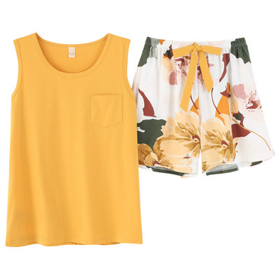 Moteriškas pižamos rinkinys Vasarinis seksualus miegui skirtas apatinis trikotažas be rankovių Medvilninis O-neck grynos spalvos liemenė + spausdinti šortai 2 dalių rinkiniai 4XL пижама