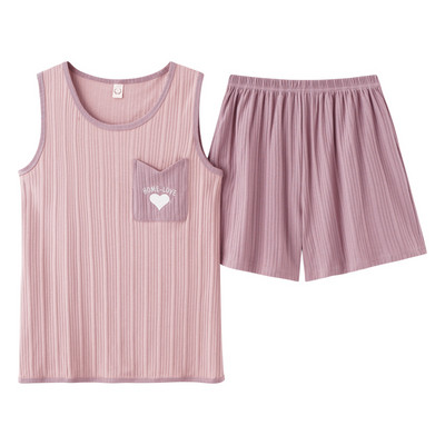 Moteriškas pižamos rinkinys Vasarinis seksualus miegui skirtas apatinis trikotažas be rankovių Medvilninis O-neck grynos spalvos liemenė + spausdinti šortai 2 dalių rinkiniai 4XL пижама