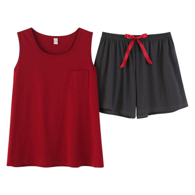 Moteriškas pižamos rinkinys Vasarinis seksualus miegui skirtas apatinis trikotažas be rankovių Medvilninis O-neck grynos spalvos liemenė + spausdinti šortai 2 dalių rinkiniai 4XL пижама