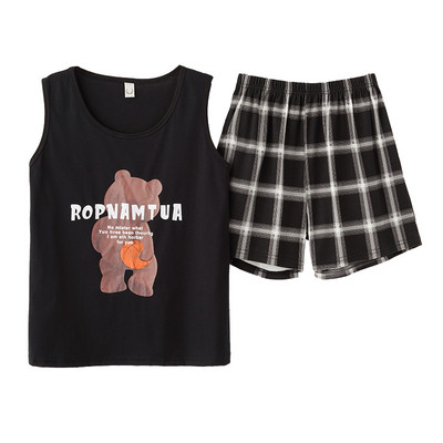 Moteriškas pižamos rinkinys Vasarinis seksualus miegui skirtas apatinis trikotažas be rankovių Medvilninis O-neck grynos spalvos liemenė + spausdinti šortai 2 dalių rinkiniai 4XL пижама