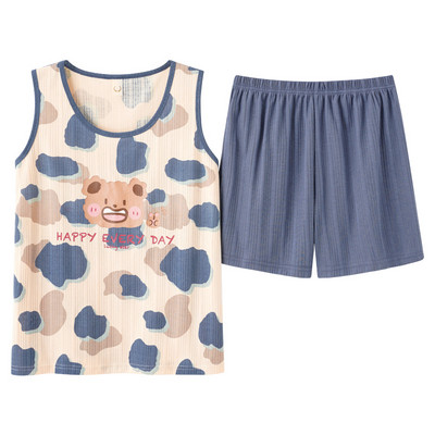 Moteriškas pižamos rinkinys Vasarinis seksualus miegui skirtas apatinis trikotažas be rankovių Medvilninis O-neck grynos spalvos liemenė + spausdinti šortai 2 dalių rinkiniai 4XL пижама