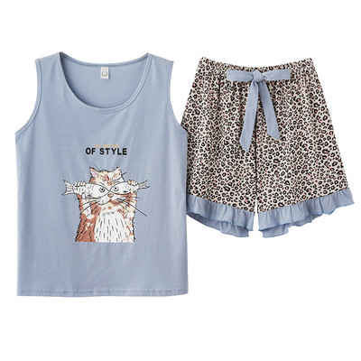 Moteriškas pižamos rinkinys Vasarinis seksualus miegui skirtas apatinis trikotažas be rankovių Medvilninis O-neck grynos spalvos liemenė + spausdinti šortai 2 dalių rinkiniai 4XL пижама