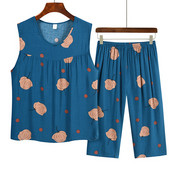 Costum de pijama de vară pentru mamă de vârstă mijlocie din bumbac imprimat, top fără mâneci, pantaloni capri, set din două piese, pijamale pentru femei