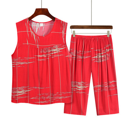 Costum de pijama de vară pentru mamă de vârstă mijlocie din bumbac imprimat, top fără mâneci, pantaloni capri, set din două piese, pijamale pentru femei