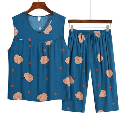 Costum de pijama de vară pentru mamă de vârstă mijlocie din bumbac imprimat, top fără mâneci, pantaloni capri, set din două piese, pijamale pentru femei