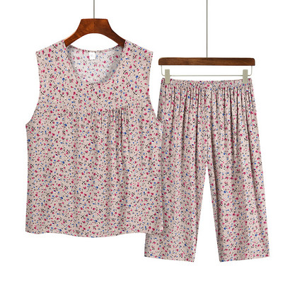 Costum de pijama de vară pentru mamă de vârstă mijlocie din bumbac imprimat, top fără mâneci, pantaloni capri, set din două piese, pijamale pentru femei