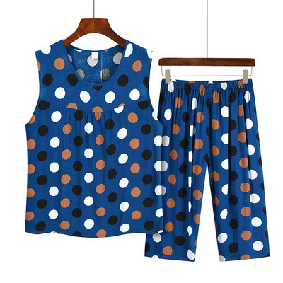 Costum de pijama de vară pentru mamă de vârstă mijlocie din bumbac imprimat, top fără mâneci, pantaloni capri, set din două piese, pijamale pentru femei