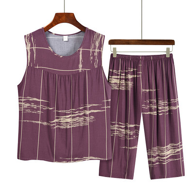 Costum de pijama de vară pentru mamă de vârstă mijlocie din bumbac imprimat, top fără mâneci, pantaloni capri, set din două piese, pijamale pentru femei