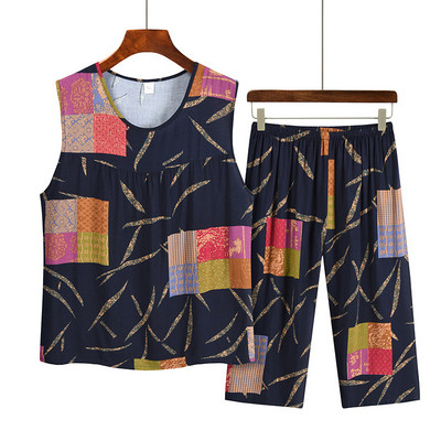 Costum de pijama de vară pentru mamă de vârstă mijlocie din bumbac imprimat, top fără mâneci, pantaloni capri, set din două piese, pijamale pentru femei